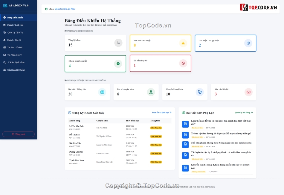 website phòng khám,source code php mysql,quản lý phòng khám,website y tế,đặt lịch khám online,admin quản trị php